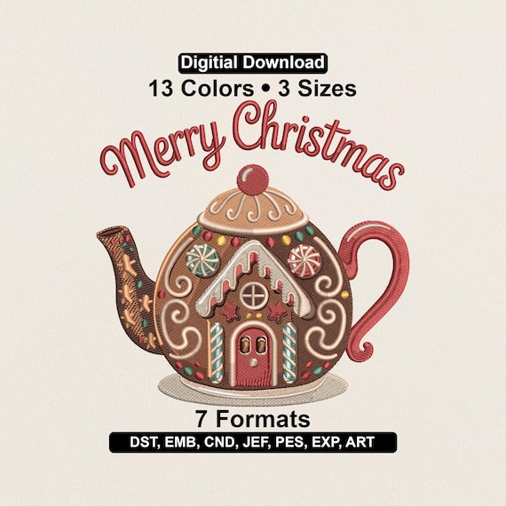 Gingerbread Teapot Embroidery Design: Christmas Machine Embroidery Pattern (PES DST EXP)