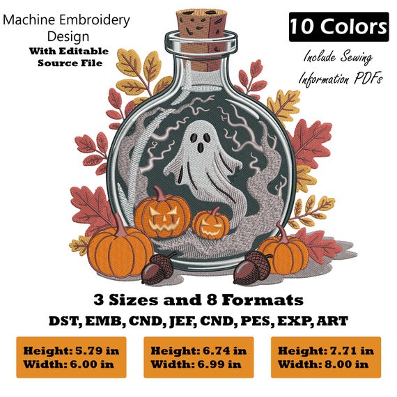 Halloween Ghost in Potion Bottle Embroidery Design | Spooky Machine Embroidery Pattern