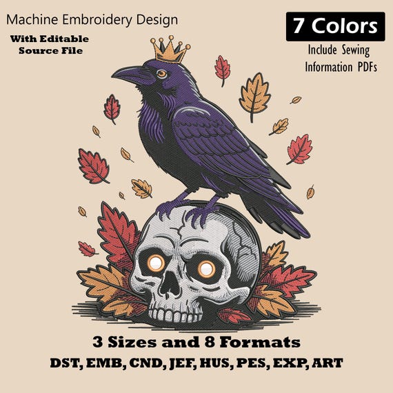 Raven on Skull Embroidery Design: Gothic Halloween Machine Embroidery Pattern (PES DST EXP)
