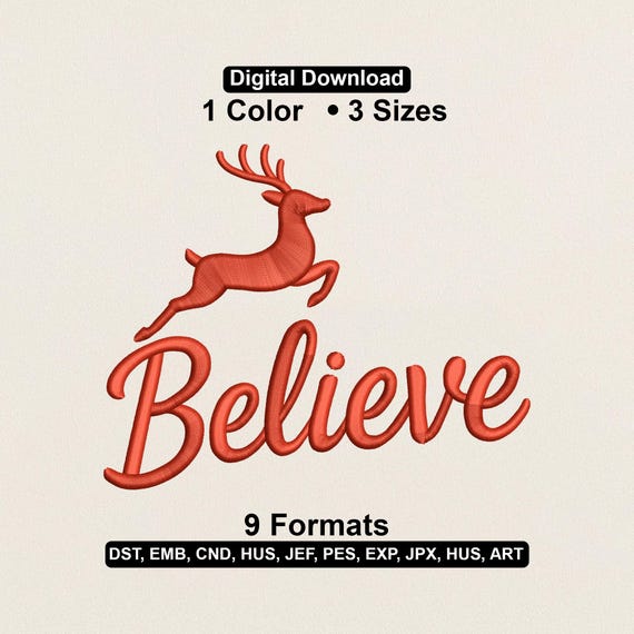 Christmas Reindeer Believe Embroidery Design: Festive Ornament (Digital Download)