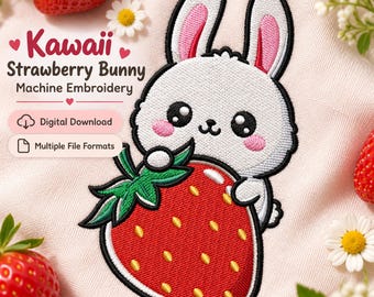Kawaii Strawberry Bunny Machine Embroidery Design, Rabbit Animal Embroidery Designs for Kids, Digital File