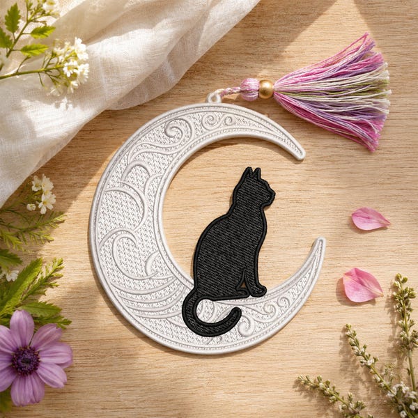 Diseño de bordado FSL de gato en la luna – Archivo digital de bordado a máquina de descarga instantánea