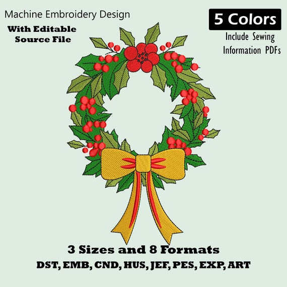 Christmas Wreath Embroidery Design: Holiday Ornament Machine Embroidery File (PES DST)