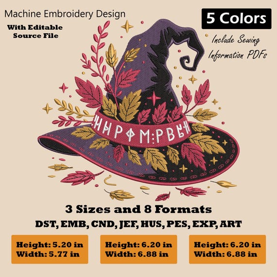 Autumn Witch Hat Embroidery Design: Halloween Machine Embroidery (Download)