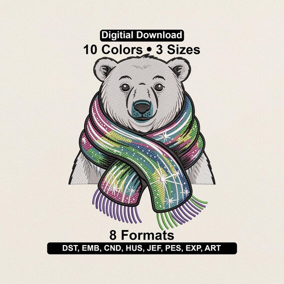 Christmas Polar Bear Embroidery Design: Winter Holiday Pattern