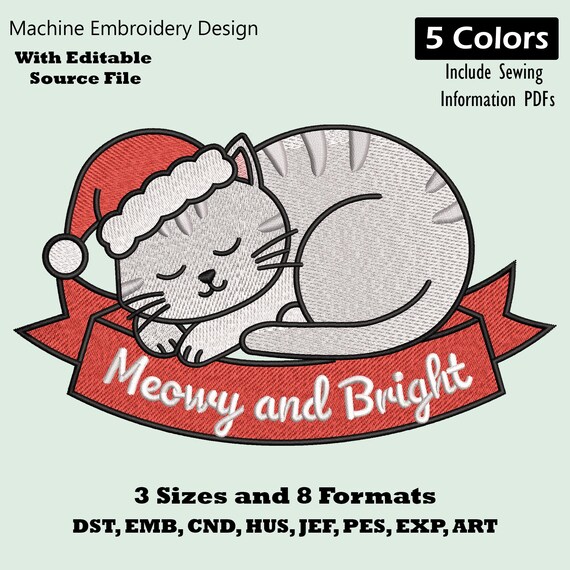 Cat Meowy and Bright Christmas Embroidery Design (Machine Embroidery File)