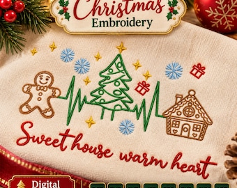 Gingerbread Tree House Lifeline Pulse Christmas Machine Embroidery Design Holiday Digital File