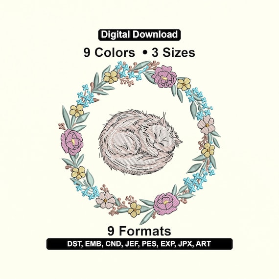 Cat in Floral Wreath Embroidery Design – Whimsical Machine File (DST, EXP, PES)