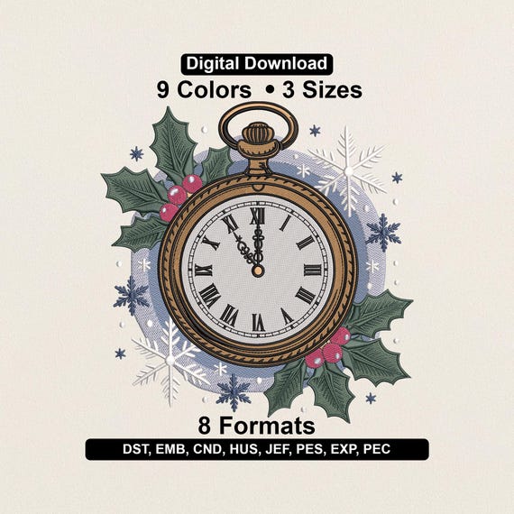 Christmas Vintage Watch Embroidery Design: Holiday Clock Machine Embroidery File (PES DST EXP)