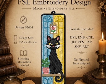 Black Cat FSL Bookmark Machine Embroidery Design Digital Download Freestanding Lace File