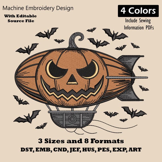 Batwing Pumpkin Airship Embroidery Design: Spooky Halloween Pattern (Digital Download)