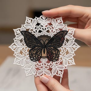 以下が含まれることがあります： 白い刺繍のドイリーに黒い蝶のアップリケ。蝶は詳細な羽の模様があり、ドイリーの中央に配置されています。ドイリーは花の模様です。