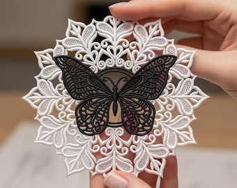 Monochrome Butterfly Mandala FSL Embroidery Design Lace Ornament (PES DST)