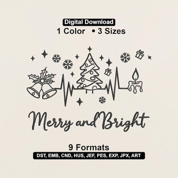 Christmas Bell Candle & Tree Embroidery Design – Holiday Outline Machine File (Digital Download)