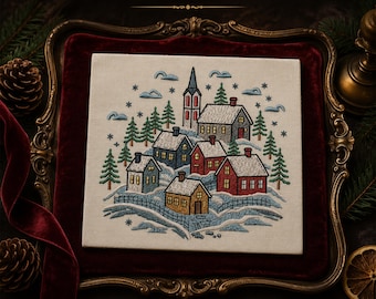 Christmas Village Embroidery Design: Festive Winter Holiday Pattern (Digital Download)
