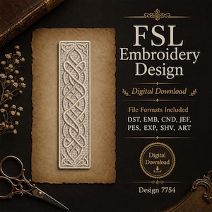 Puede incluir: Un diseño de bordado rectangular que presenta un intrincado patrón de nudos celtas de color claro sobre un fondo texturizado. El texto dice FSL Embroidery Design, Digital Download, File Formats Included DST, EMB, CND, JEF, PES, EXP, SHV, ART.