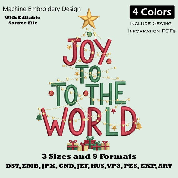 Joy to the World Christmas Tree Embroidery Design : Holiday Quote Machine Embroidery File