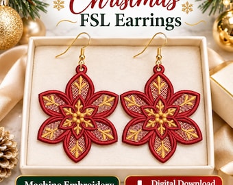 Archivo digital para máquina de pendientes FSL Poinsettia EMB, adorno navideño de encaje con copo de nieve.