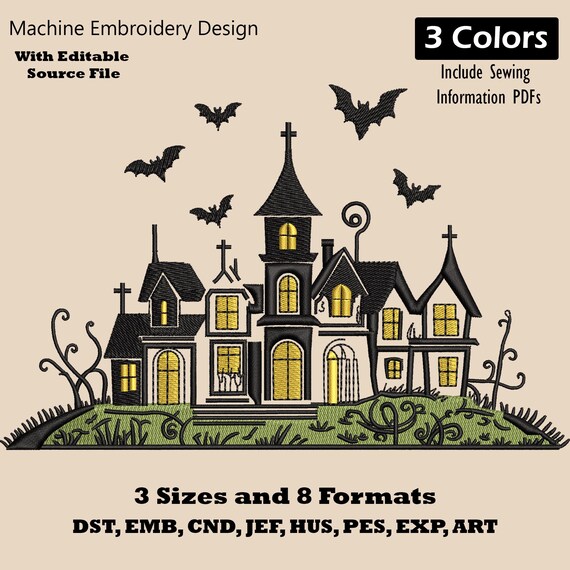 Halloween Haunted Castle Embroidery Design: Spooky Gothic Pattern (DST, JEF, PES)