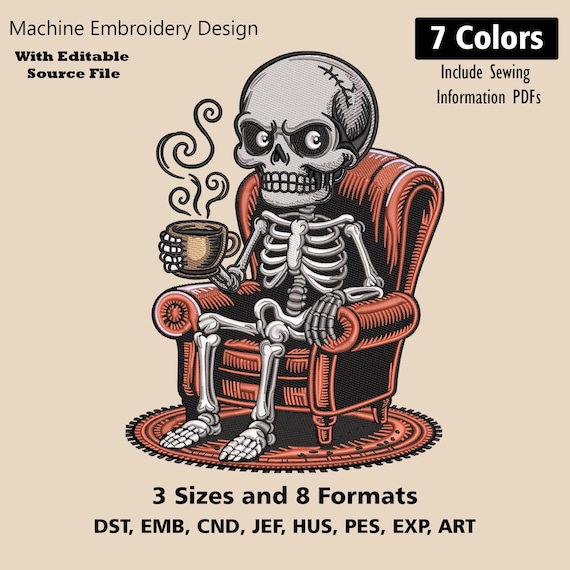 Skeleton on Sofa Embroidery Design: Funny Halloween Pattern (Digital Download)