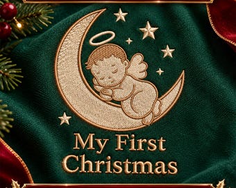 Baby's First Christmas Angel Sleeping Boy on Moon Machine Embroidery Design Digital Download File