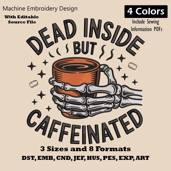 Dead Inside Skeleton Hand Halloween Embroidery Design: Funny Skull Machine Embroidery File PES DST