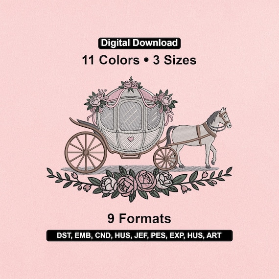 Cinderella Wedding Horse and Carriage Embroidery Design: Princess Carriage Machine File (PES DST EXP)