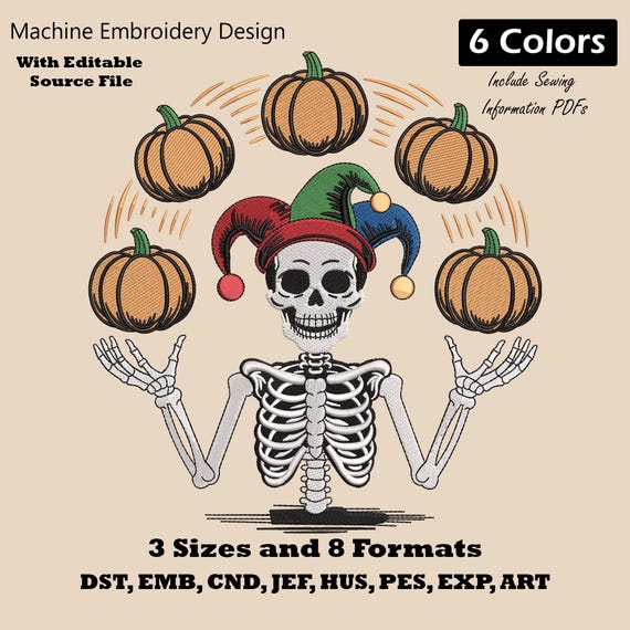 Halloween Jester Pumpkin Skeleton Embroidery Design (Digital Download)