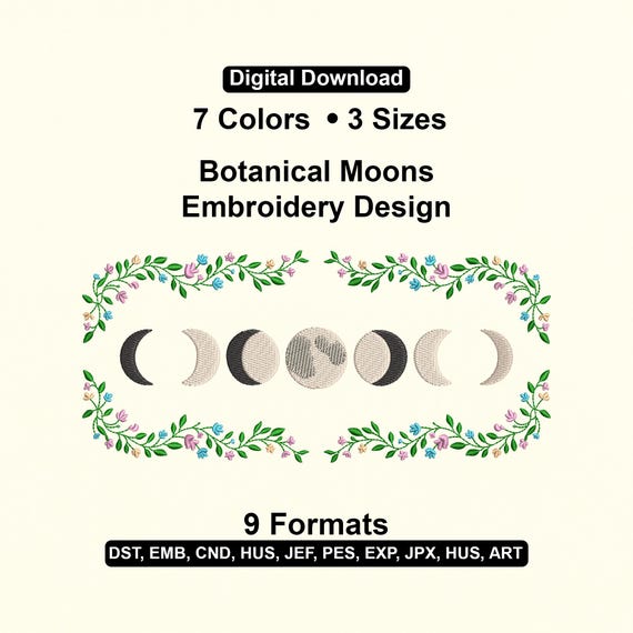 Flower Celestial Wreath and Botanical Moon Embroidery Design (PES DST EXP)