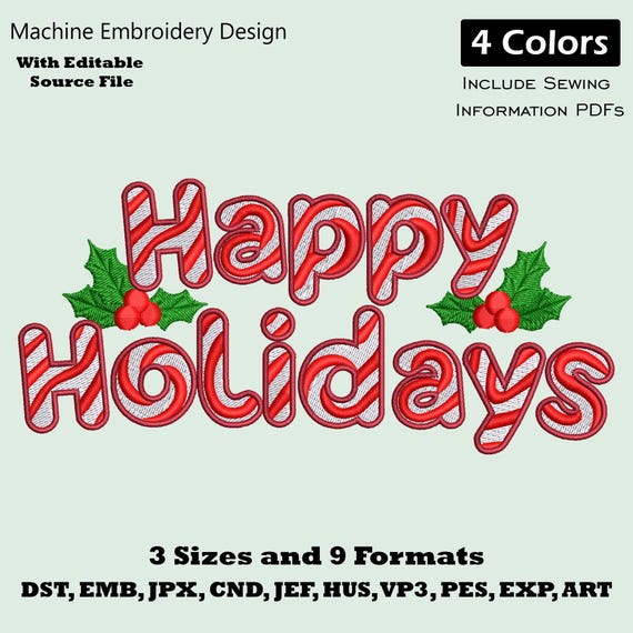 Happy Holidays Candy Cane Embroidery Design: Christmas Machine Embroidery Pattern (PES DST EXP)