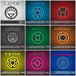 May include: A grid of nine square posters featuring the Lantern Corps emblems. Each poster displays a unique color, a central symbol, a bold emotion title like Life, Hope, Rage, Death, Will, Greed, Fear, Love, or Compassion, and small text.