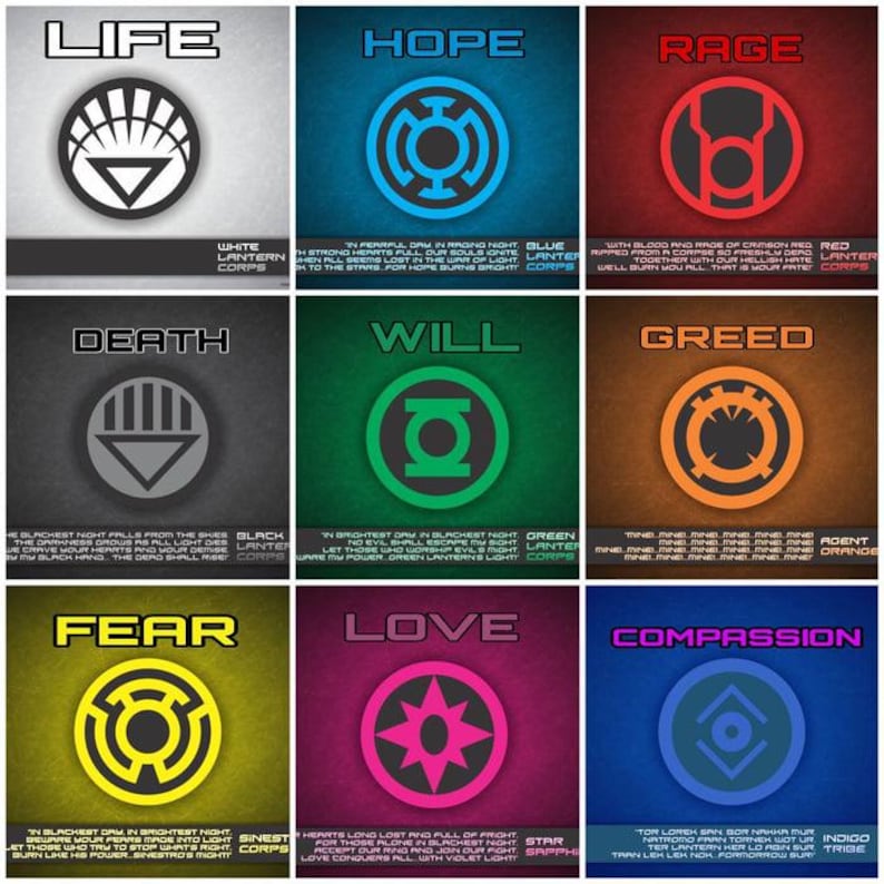 May include: A grid of nine square posters featuring the Lantern Corps emblems. Each poster displays a unique color, a central symbol, a bold emotion title like Life, Hope, Rage, Death, Will, Greed, Fear, Love, or Compassion, and small text.