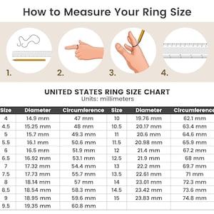 May include: A United States ring size chart with four instructional illustrations showing how to measure a finger. The table lists ring sizes from 4 to 15, including half sizes, with corresponding diameter and circumference measurements in millimeters.