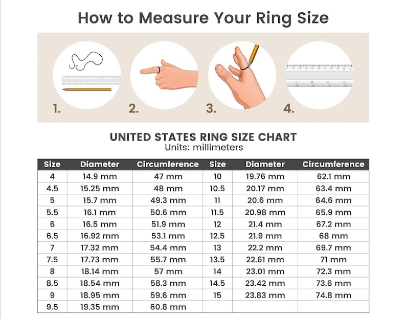 May include: A United States ring size chart with four instructional illustrations showing how to measure a finger. The table lists ring sizes from 4 to 15, including half sizes, with corresponding diameter and circumference measurements in millimeters.
