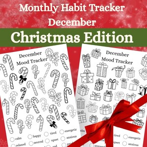 May include: Two black and white habit tracker pages with Christmas-themed illustrations. One page features candy canes, the other gift boxes. The text reads "Monthly Habit Tracker December Christmas Edition" and "December Mood Tracker". A red ribbon is in the foreground.