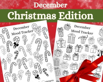 Rastreador de estado de ánimo navideño imprimible (juego de 4) / Árboles, regalos y bastones de caramelo / Tabla de emociones para niños / Rastreador de estado de ánimo de diciembre / Planificador de vacaciones en PDF