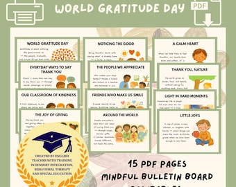 Tablón de anuncios del Día Mundial de la Gratitud / Decoración consciente para el aula (PDF de 15 páginas)
