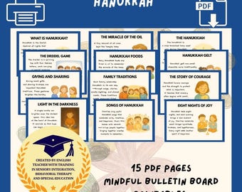 Tablón de anuncios de Hanukkah consciente / Decoración del aula, recursos para docentes (PDF de 15 páginas)
