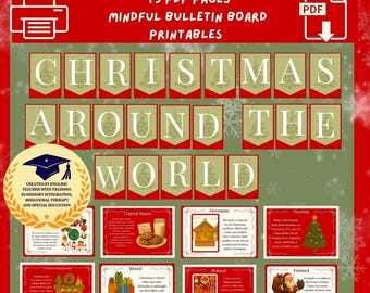 43 páginas • Paquete de tablón de anuncios "Navidad en todo el mundo" • Letras para pancartas imprimibles + Pósteres navideños para el aula • Para profesores (PDF)