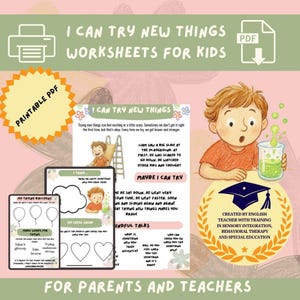 Könnte beinhalten: Ein druckbares PDF-Arbeitsblatt für Kinder mit dem Titel "I Can Try New Things". Das Bild zeigt Illustrationen eines Kindes, Luftballons und Text. Die Arbeitsblätter sind für Eltern und Lehrer konzipiert.