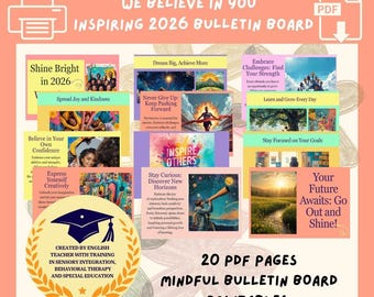 Paquete de planificación positiva 2026: Creemos en ti. Pósteres infantiles con ideas, objetivos y afirmaciones. Motivación de Año Nuevo y decoración para el aula.