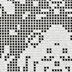 May include: Close-up of a white crocheted fabric featuring a repeating pattern of black square shapes. The design creates a textured surface with a high contrast between the white background and the black elements. The pattern is evenly spaced.