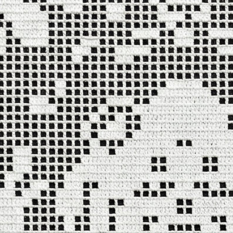 May include: Close-up of a white crocheted fabric featuring a repeating pattern of black square shapes. The design creates a textured surface with a high contrast between the white background and the black elements. The pattern is evenly spaced.