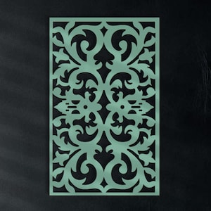 May include: A rectangular, mint green decorative panel with an intricate, symmetrical, openwork design. The panel is mounted on a dark wall above a dark grey sofa with teal cushions. Decorative vases and flowers are on a nearby shelf.