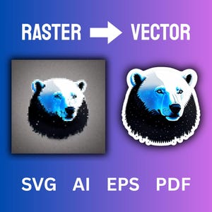 Op de afbeelding: Een grafische weergave met een gepixelde ijsberen kop aan de linkerkant en een gladde vectorversie aan de rechterkant. De tekst RASTER, een pijl, VECTOR en de bestandsformaten SVG, AI, EPS en PDF zijn zichtbaar tegen een blauw en paars verloop.