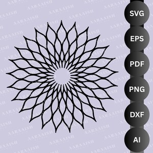 Pode incluir: Design floral preto arquivos SVG, EPS, PDF, PNG, DXF e AI. O design apresenta um padrão simétrico de formas semelhantes a pétalas que irradiam de um círculo central. O fundo é de cor lilás claro.