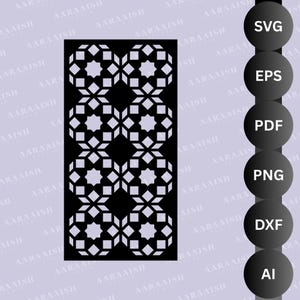 May include: Black geometric pattern with star and square shapes. The image also includes file type options: SVG, EPS, PDF, PNG, DXF, and AI. The design is suitable for various craft projects.