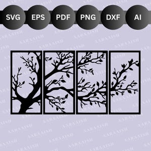 May include: Black tree branch cutouts in rectangular frames. The image includes SVG, EPS, PDF, PNG, DXF, and AI file format icons. The tree branches have leaves and are set against a light purple background.