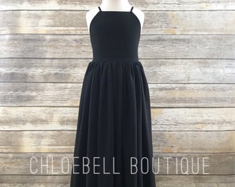 Black Floor length flower girl dress- Black chiffon dress - Black junior bridesmaid dress - Black Tie event girls dress - Special Occasion -