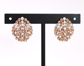 Aurora Borealis Pink Champagne Rhinestones Earrings, 1980s | Vintage Gold Tone metal